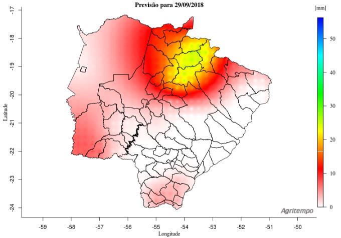 Previsão do tempo para o Mato Grosso do Sul De acordo com o modelo Agritempo (Sistema de Monitoramento Agro Meteorológico), a previsão do tempo indica que no dia 28/09, em todo estado, há