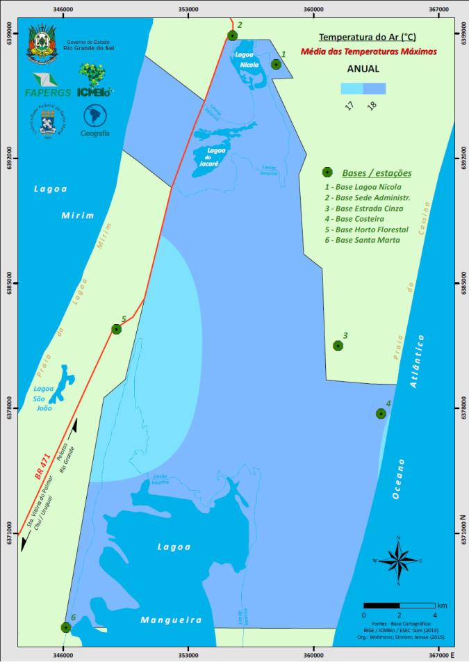 As áreas compreendidas pelas lagoas e pelos limites com o oceano Atlântico e a lagoa Mirim apresentaram temperaturas máximas médias de 18 ºC.