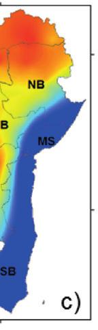 Os dois cenários se assemelham, com maior volume na costa litorânea, seguido do extremo oeste, e decrescendo até o centro do estado, e por fim com os mais baixos volumes na parte norte