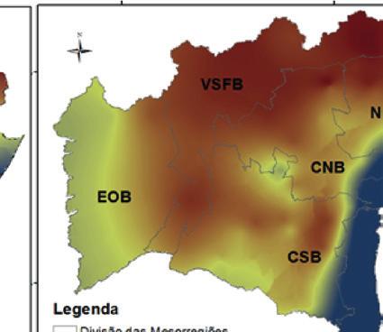 Espacialização do índice de aridez e áreas com potencial de risco de desertifi cação da Bahia,, para o clima presente (1961-1990) (A); e clima futuro (B) e Modelo Eta