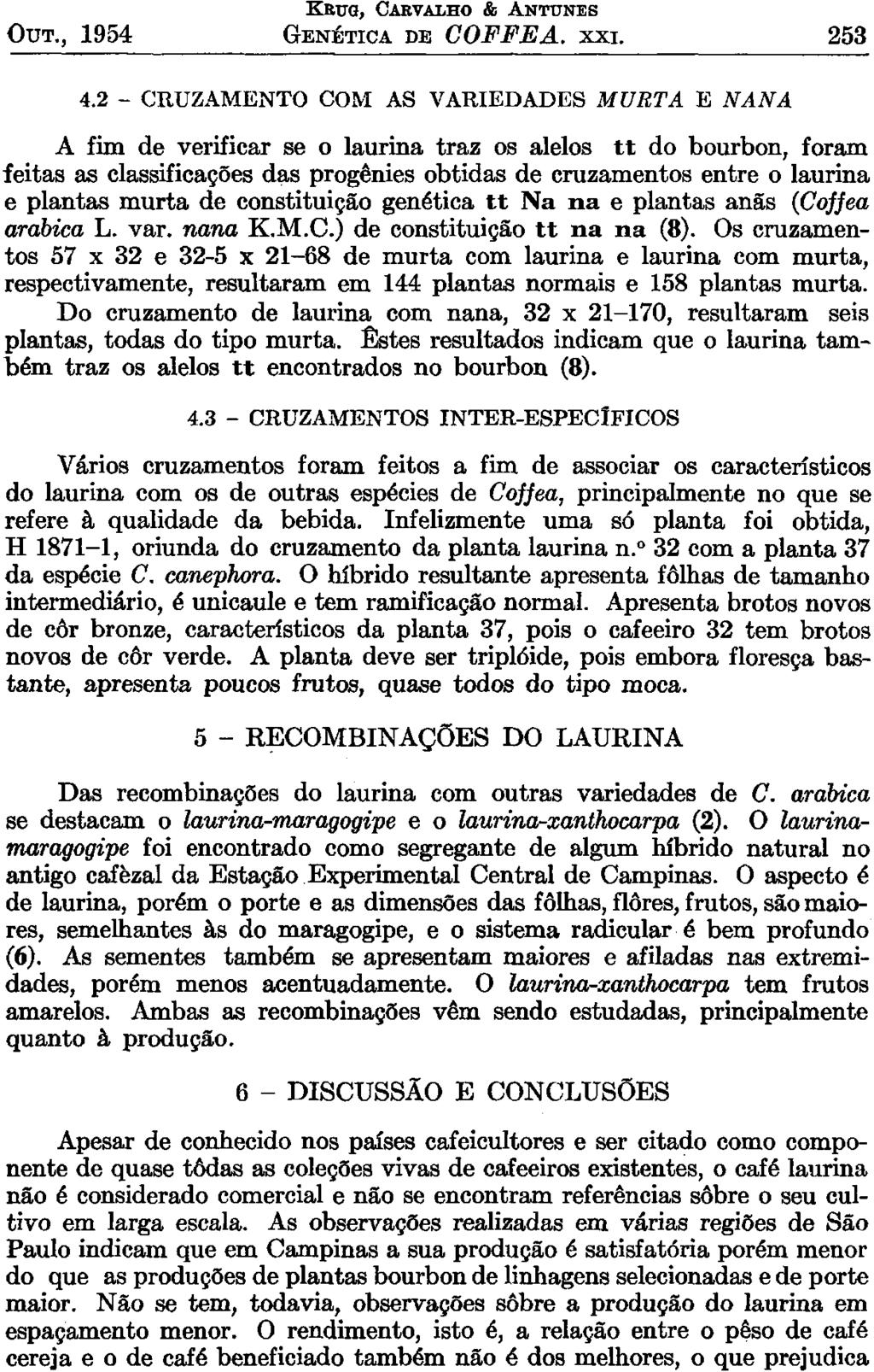 OUT., 1954 KRUG, CARVALHO & ANTUNES GENÉTICA DE COFFEA. xxi. 253 4.