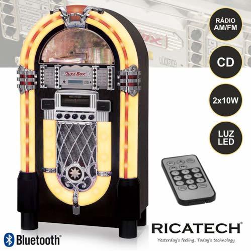 RR950-BT-LED RR1000-BT-LED JUKEBOX C/ LEITOR CD/FM BLUETOOTH LED 2x10W - Jukebox retro c/ painel iluminado e comando - Iluminação c/ luz LED c/ variação 7 cores - Leitor MP3 c/ CD, dock p/ ipod,