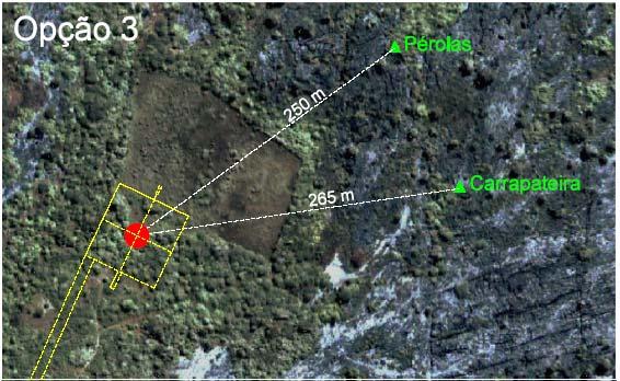Figura 5 - OPÇÃO 1: base posicionada a 160 m da Gruta das Pérolas e 161m da Caverna da Carrapateira.