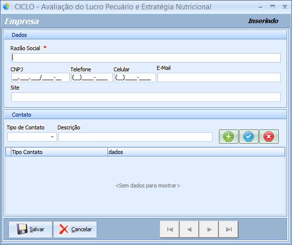 Seção Dados: Dados relativos ao cadastro de empresa.