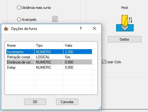 Selecione o ciclo Peck e, em seguida, defina 2 mm como profundidade de cada entrada do ciclo no botão dados.