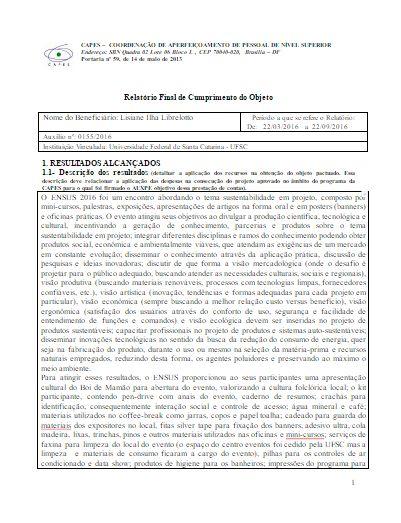 Primeira página do Relatório Final de Cumprimento do Objeto enviado no processo de prestação de contas à CAPES.