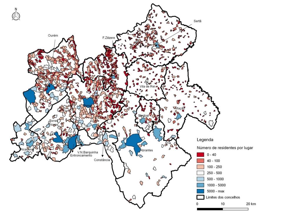 População residente por dimensão do lugar 6 cidades que concentram cerca de 30% da população.