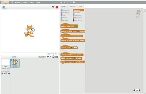 TUTORIAL DE SCRATCH Agora é a hora de aprender um pouco como programar a nossa caçada aos fungos! Vamos tentar? 1- Esta é a primeira interface do Scratch.