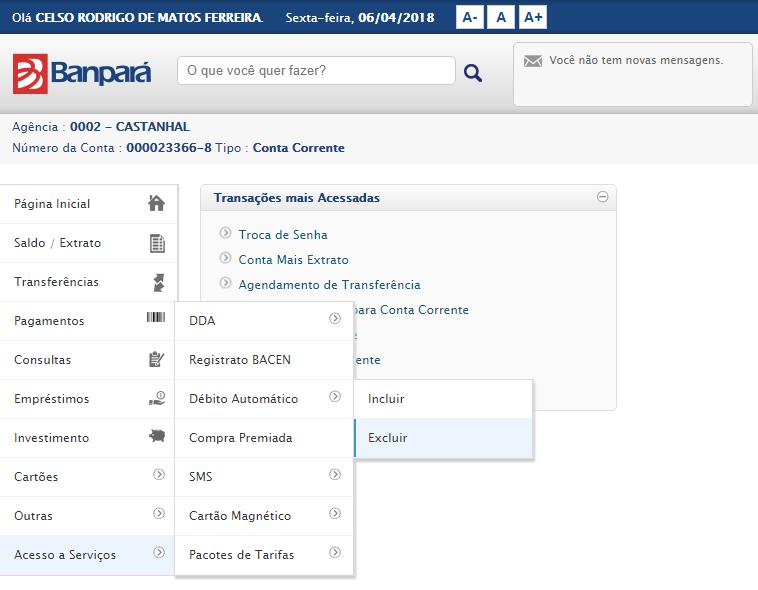 continuar, o sistema exibe os dados do Débito Automático, e solicita ao usuário que informe o código da chave de segurança, e acione e opção Figura 259 Informar Chave de Segurança e Confirmar ( ),