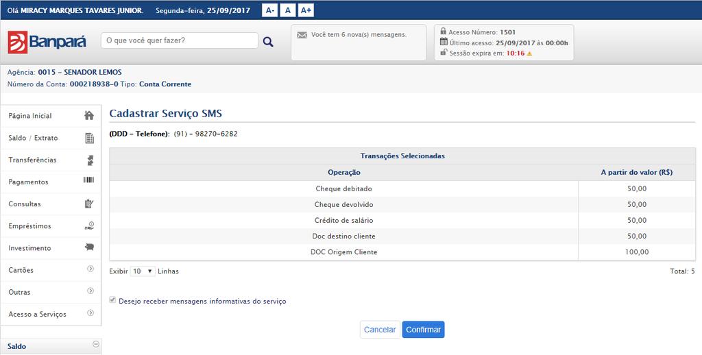 Após continuar, o sistema vai exibir o telefone a ser cadastrado e as operações das transações selecionadas na tela anterior.