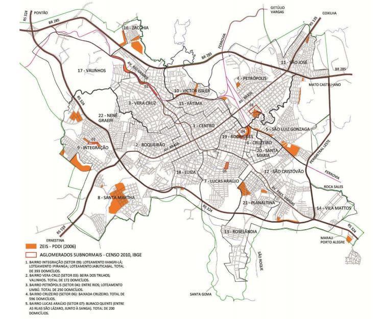 Figura 1 Mapa com demarcação das Zonas Especiais de Interesse Social e Aglomerados Subnormais. Fonte: Ferreto (2014, p. 8).