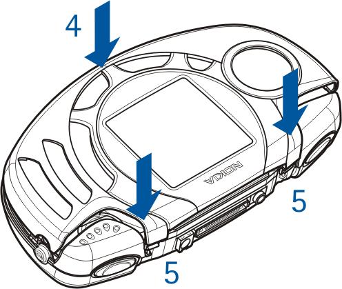 4. Para voltar a instalar a tampa frontal, coloque primeiro as patilhas da parte inferior da tampa nos orifícios correspondentes do telefone (4) e prima a tampa com