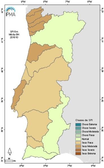 Verifica-se que no final de outubro no SPI-3m, todas as bacias a norte do Tejo estavam em seca fraca e no SPI-6m quase todas as bacias (exceto Douro, Guadiana e Ribeiras do Algarve) estavam em seca