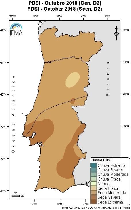 Figura 8 - Distribuição espacial do índice de seca meteorológica PDSI calculado com base em cenários de precipitação para o mês de outubro (Fonte: IPMA).