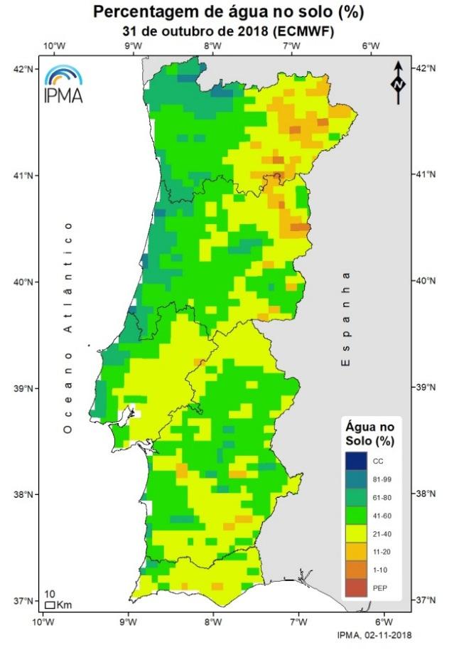 Figura 4 - Percentagem de água no solo (média 0-100 cm profundidade), em relação à capacidade de água utilizável pelas plantas a 31 outubro 2018 (ECMWF) (Fonte: IPMA) III.