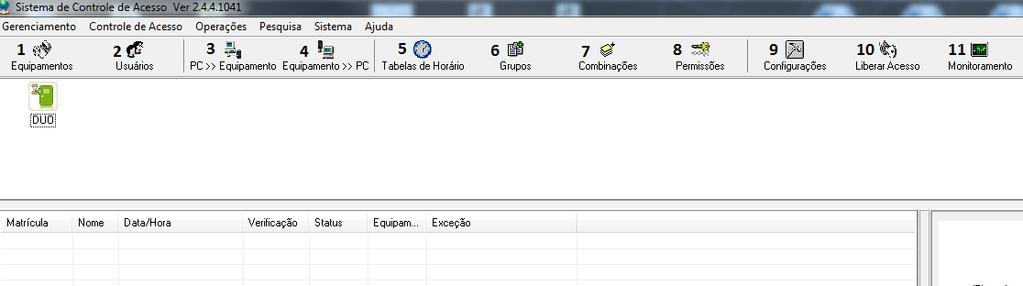 2. Janela Principal 1. Equipamentos 2. Usuários 3. PC>>Equipamento 4. Equipamento>>PC 5. Tabela de horário 6. Grupos 7.