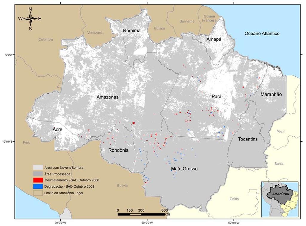 Amazônia Legal Cobertura de Nuvem e Sombra Em outubro de 2008 foi possível detectar áreas desmatadas por meio do SAD em 78% dos Estados da Amazônia (Figura 9).