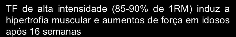 PRESCRIÇÃO DO TF PARA IDOSOS FRÁGEIS E MUITO FRÁGEIS TF de alta intensidade (85-90% de 1RM) induz a hipertrofia muscular e aumentos de força em idosos após 16