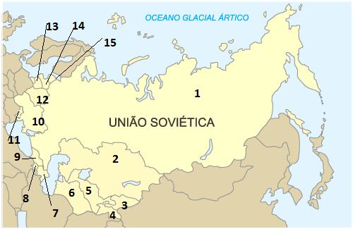 1 - Rússia 6 - Turcomenistão 11 - Moldávia 2- Cazaquistão 7 - Azerbaijão 12 - Bielorússia (ou Belarus) 3 - Quirguistão 8 - Armênia 13 - Lituânia 4 -