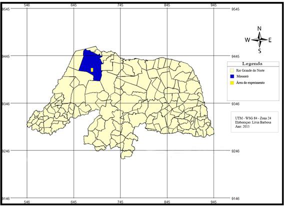 Figura 1: Mapa de localização da área do experimento em relação ao município de Mossoró e o estado do Rio Grande do Norte. depósitos Aluvionares (CRPM, 2005).