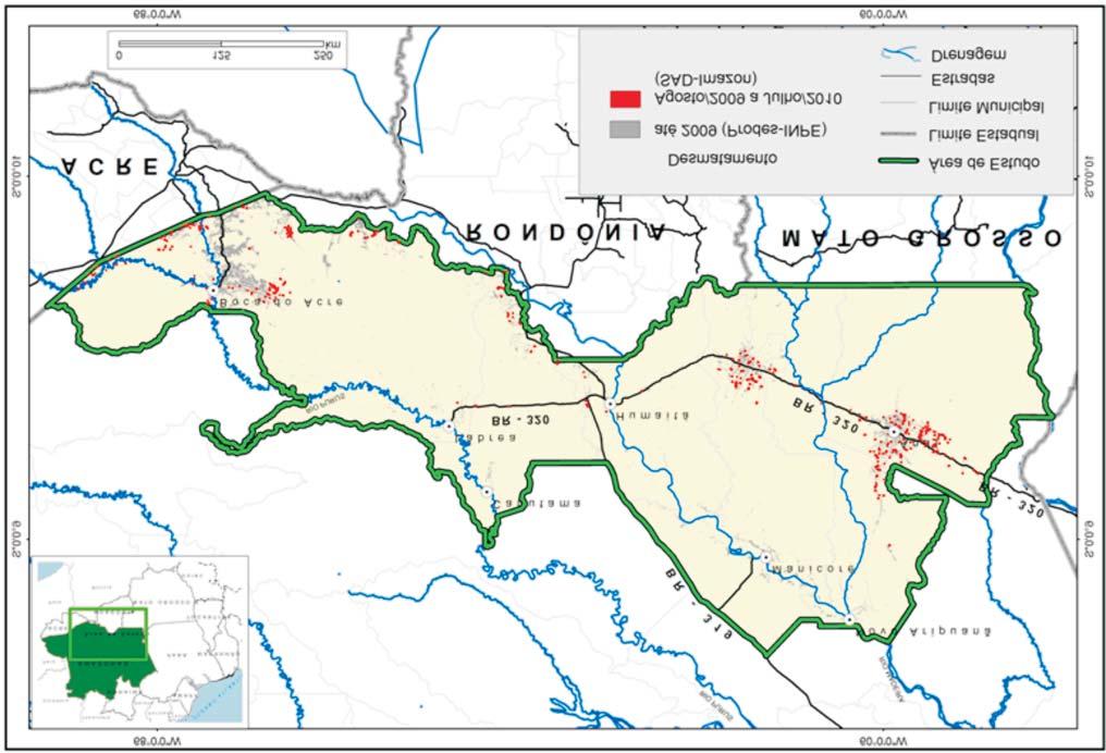 julho de 2010 (em vermelho) nos municípios do sul do Amazonas (Fonte: Imazon/SAD). Figura 3.