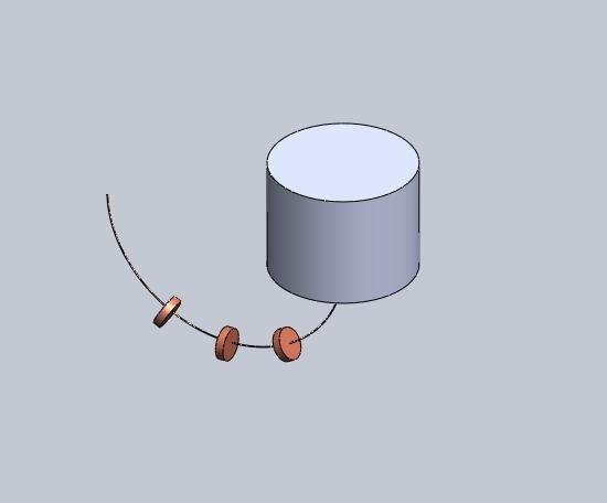 Figura 8.5: Modelo em que se incluiu: o cabeamento, 3 massas com formato de pequenos discos afixadas ao longo do cabo, uma massa que representa o restante da estrutura da antena. Figura 8.