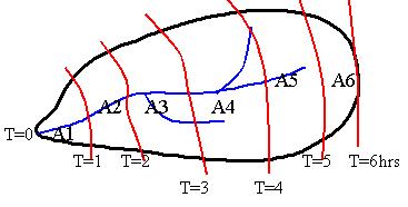 113.2 Estimativa da curva tempo-área No método de Clark achar as áreas conforme Figura (113.1) dá muito trabalho e alguns desistem de usar o método. Isócronas são linhas de mesmo tempo de trânsito.