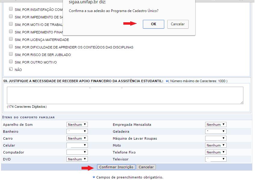 Após confirmar inscrição o sistema irá apresentar a