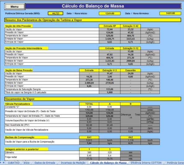54 Figra 5.4 Aba correspondente ao balanço de massa As Figras 5.5 e 5.6 apresentam as abas correspondentes aos cálclos da eficiência nas seções de alta, média e baixa pressão. Na Figra 5.