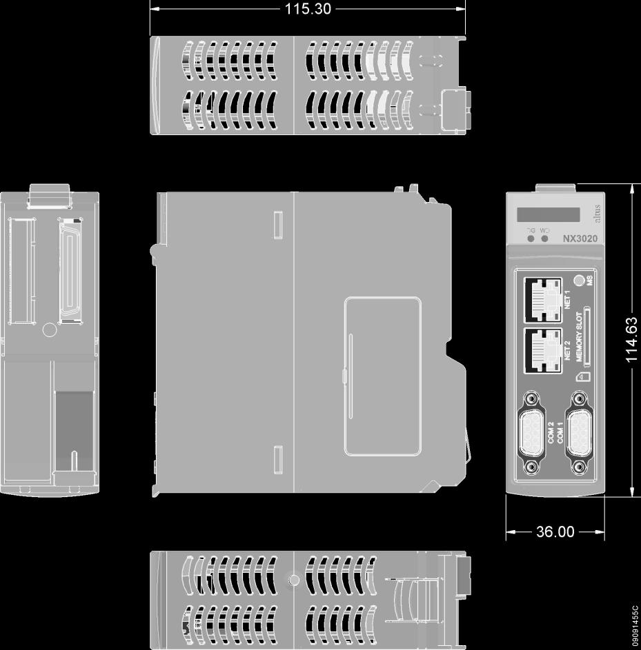 NX3010, NX3020 e NX3030 Dimensões em mm. Instalação Todas as informações sobre instalação elétrica, montagem mecânica e inserção de módulo encontram-se no Manual de Utilização UCPs - MU214100.