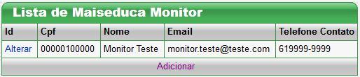 Após salvar os dados, ficará disponível uma tabela com os monitores já cadastrados