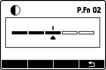>: Definir Funções Pessoais P.Fn 01: K (Brilho da lâmpada de focagem) Pode ajustar o brilho da lâmpada de focagem em 5 níveis. P.Fn 02: @ (Contraste de visualização do painel LCD) Pode ajustar o contraste do painel LCD em 5níveis.