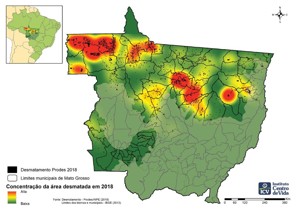 Figura 3 Regiões de concentração do desmatamento detectado entre agosto de 2017 e julho de 2018 na área ﬂorestal Mato-grossense (Prodes/Inpe, 2018).