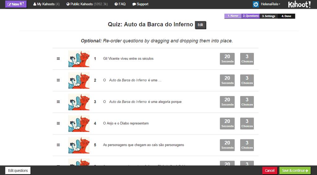 Aqui pode ver e reordenar (11) as questões, ver a temporização (12) o número de