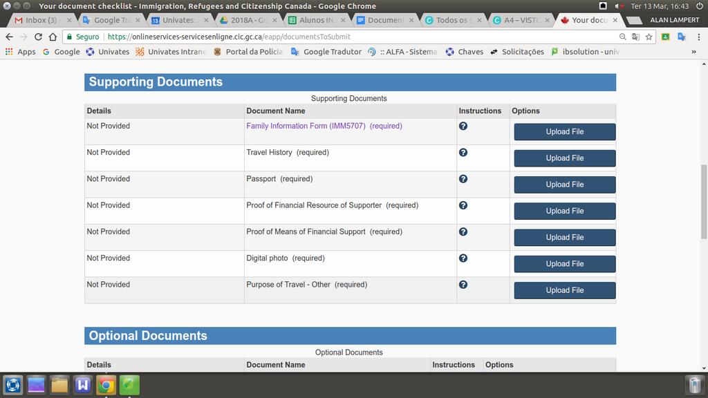 iii - SUBMISSÃO Nesta etapa você irá anexar todos os documentos que o governo canadense está lhe solicitando. 1 - Anexe os documentos listados clicando em Upload File.