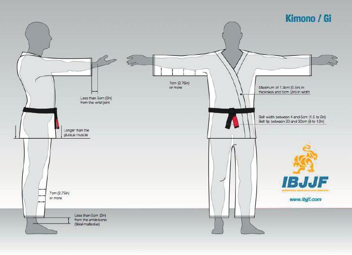 Uniforme - kimono Requerimentos para uniformes em competições da IBJJF A FAIXA: O atleta deve utilizar uma faixa resistente de 4 a 5 cm de largura, cuja a cor corresponda à graduação com a ponta