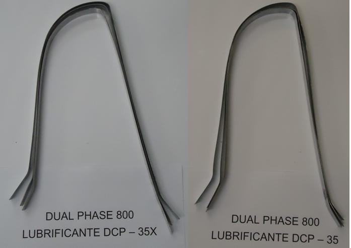 Quanto ao Aço DP 800, chega-se a mesma percepção de que com o aço DP 600, caracterizada por um maior coeficiente de atrito quando exposto ao lubrificante DCP-35X, devido a maior força de atuação