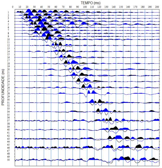A profundidade máxima alcançada foi de 50 m, limitada pelo comprimento do cabo do geofone de furo que foi utilizado no ensaio de campo. (a) (b) Figura 5.
