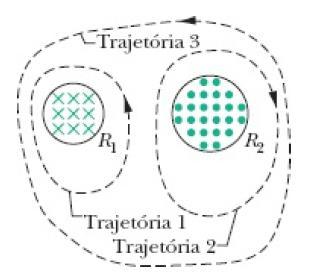 30 Problema 30-36 A Fig. 30-56 mostra duas regiões circulares, R1 e R2, de raios r1 = 20,0 cm e r2 = 30,0 cm.