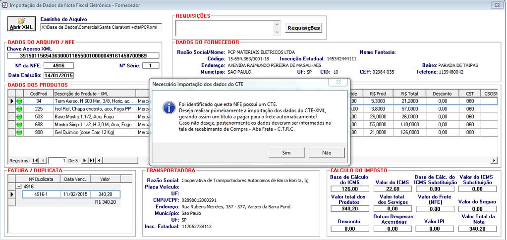 O sistema irá identificar automaticamente que neste XML de compras existe um