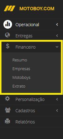 Geral Resumo Extrato Mostra informações básicas Aqui está as informações referente a transportadora e a Motoboy.com: - Faturamento diário - Faturas a Receber - Saldo com a Motoboy.