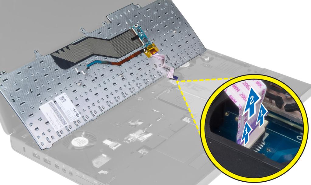 Como instalar o teclado 1. Conecte o cabo de dados do teclado à placa de sistema. NOTA: Dobre o cabo de dados do teclado no alinhamento correto. 2. Pressione o teclado em seu respectivo compartimento.