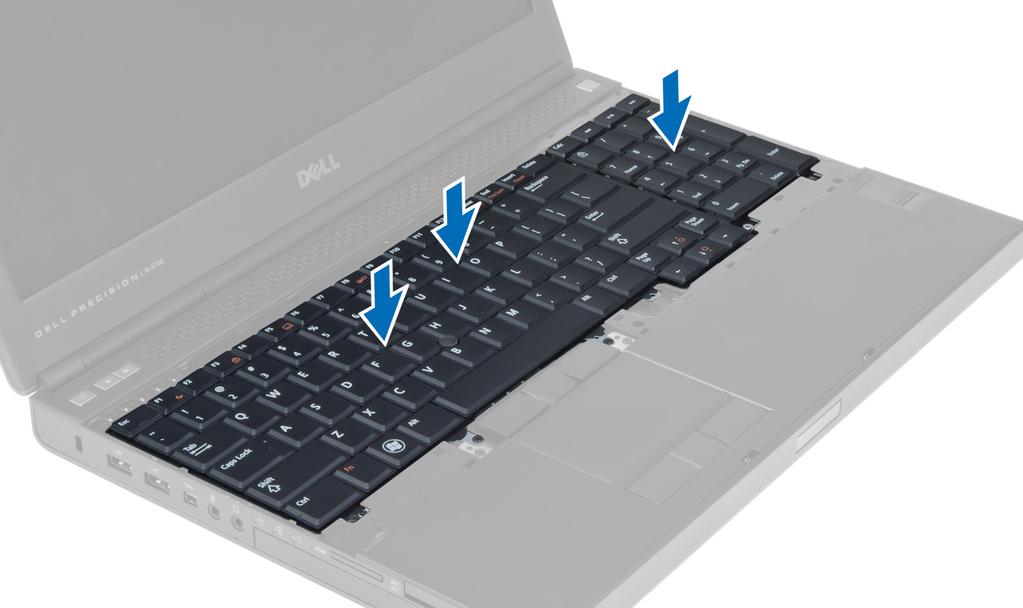 5. Instale: a. acabamento do teclado b. bateria 6. Execute o procedimento descrito em Após trabalhar na parte interna do computador. Como remover a tampa da base 1.