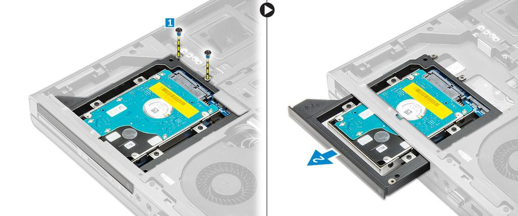 Como remover o disco rígido do slot da unidade óptica 1. Siga os procedimentos descritos em Antes de trabalhar na parte interna do computador. 2. Remova a/o: a. bateria b. tampa da base 3.