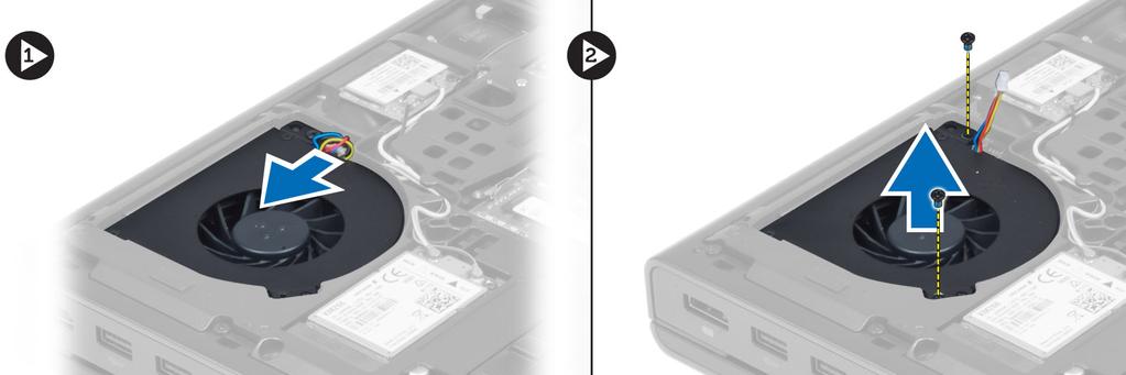 Como remover o ventilador da placa de vídeo 1. Siga os procedimentos descritos em Antes de trabalhar na parte interna do computador. 2. Remova a/o: a. bateria b. tampa da base 3.