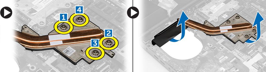 Como remover o dissipador de calor do processador 1. Siga os procedimentos descritos em Antes de trabalhar na parte interna do computador. 2. Remova a/o: a. bateria b. tampa inferior c.