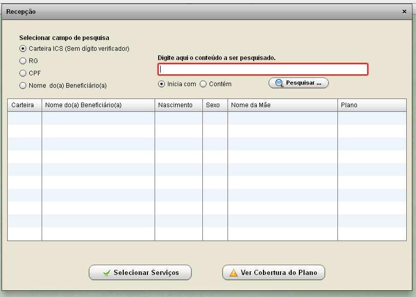 Tela 2: RECEPÇÃO Situações nas quais o beneficiário possa não estar de posse dos documentos supra, o operador poderá realizar, da mesma forma, a pesquisa de sua situação junto ao ICS, utilizando-se