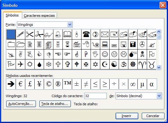 Símbolo O oferece uma série de símbolos ordenados em tabela que poderão ser inseridos em qualquer parte do texto.