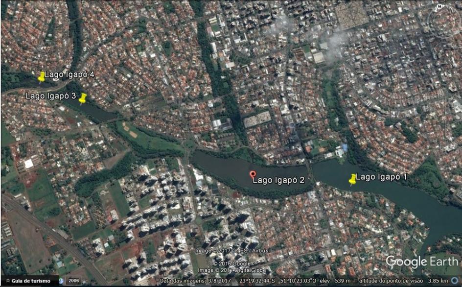 SANTOS, E. dos et al Figura 1 Lagos Igapó 1, 2, 3 e 4 na área urbana do município de Londrina, Paraná. Fonte: Google Earth, 2017.