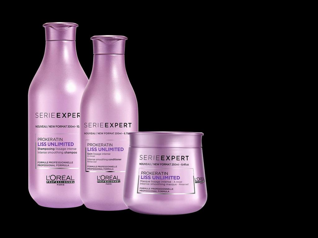 LISS UNLIMITED SHAMPOO, CONDICIONADOR E MÁSCARA PRÓ-QUERATINA Melhora e mantém os níveis de hidratação do cabelo, fortalece a sua estrutura e deixa-o suave ao toque e com um aspecto brilhante.